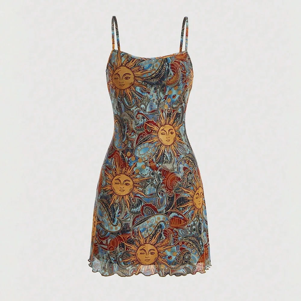 فساتين الخريف النسائية 2025 Hotsweet جرافيك طباعة بلا أكمام ساحة الرقبة فستان كامي صغير فليرتي انتفض هيم لقضاء عطلة المشاعر #3