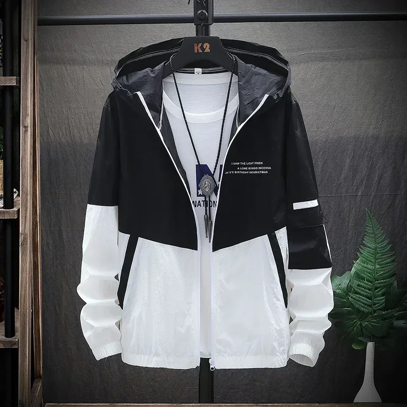2026 Summer Skin Coats Men Ultra Light UV Sun Protection Big Size Hooded Windbreaker Jacket Men Striped Casual Outwear