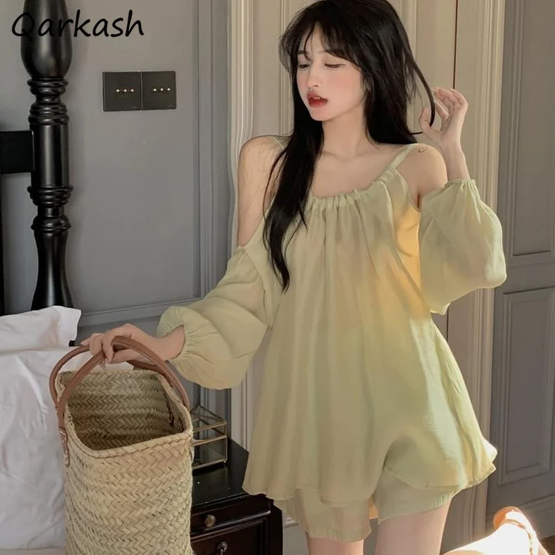 Sets Women Preppy Style Holiday Casual Stylish Chic Summer Sweet Basic Clothing Off-shoulder Blouses Pure Baggy Shorts 2 Pieces