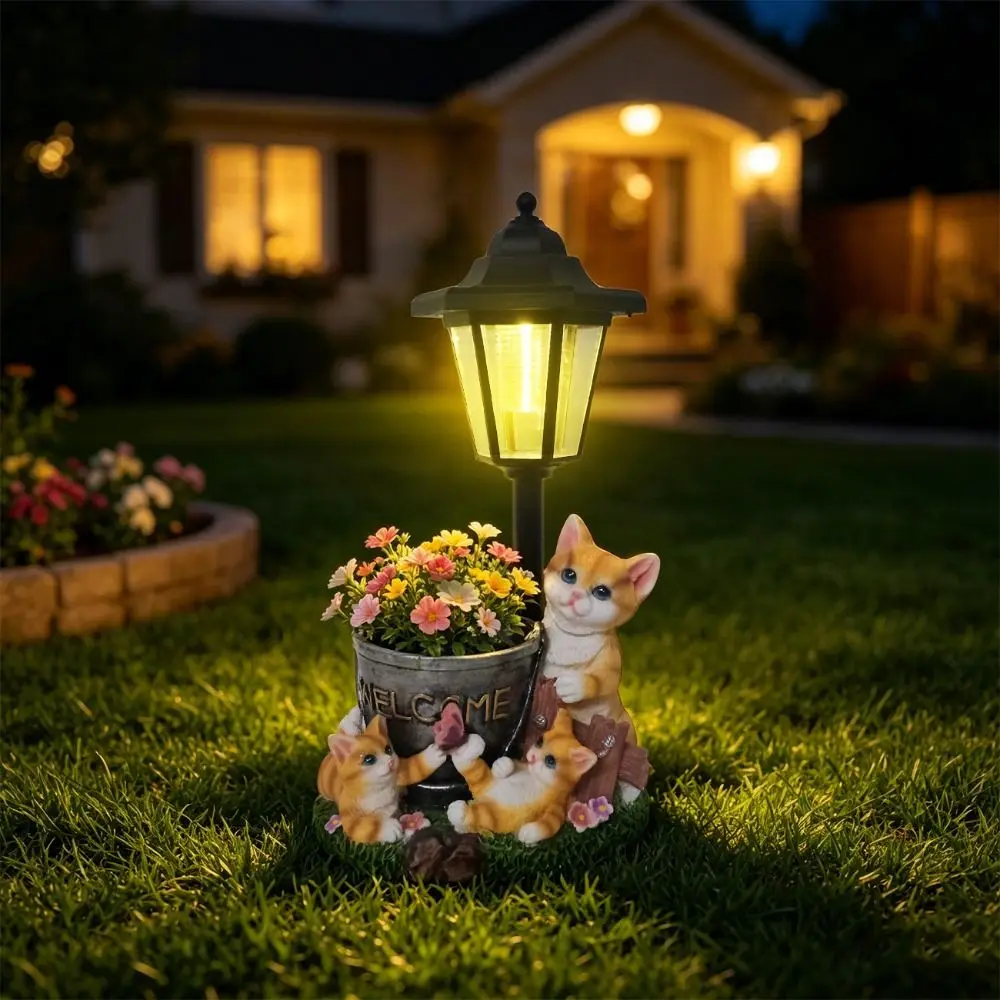 Dual-Use Flowerpot Solar Cat Statue Solid Material Warm LED Light Outdoor Figurine Light Hand-Painted Resin Weather Resistant