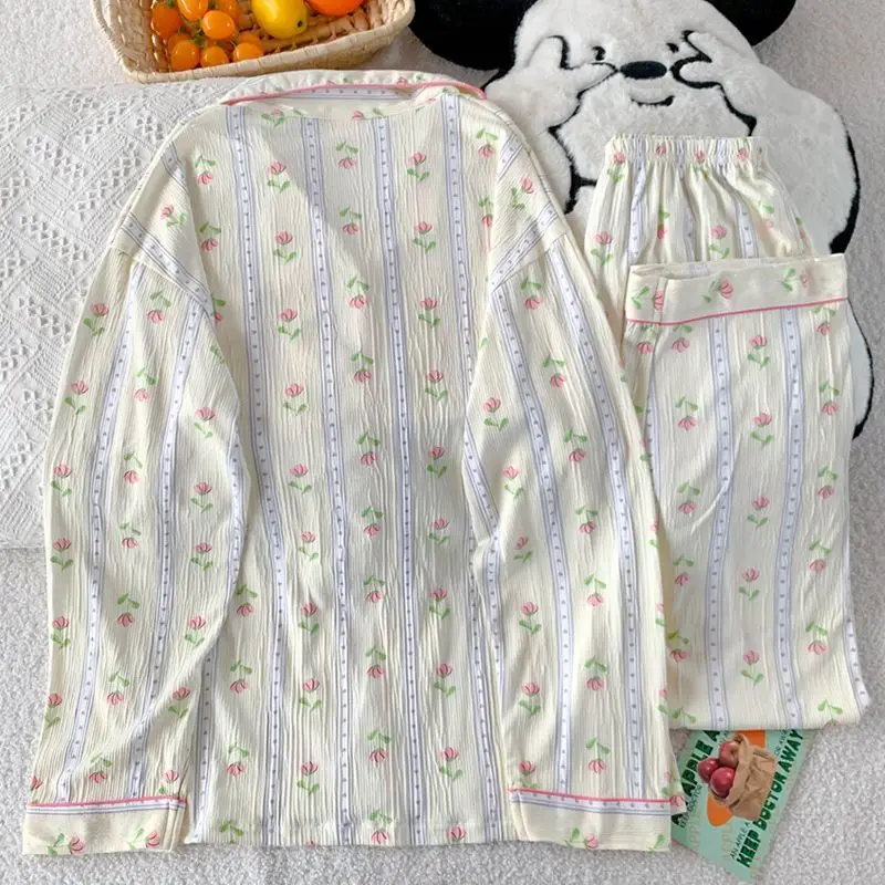 Women's Floral Pajama Set 2 Piece Sleepwear Long Sleeve Button Down Lapel Collar Lounge Set with Pocket Soft Homewear Nightwear