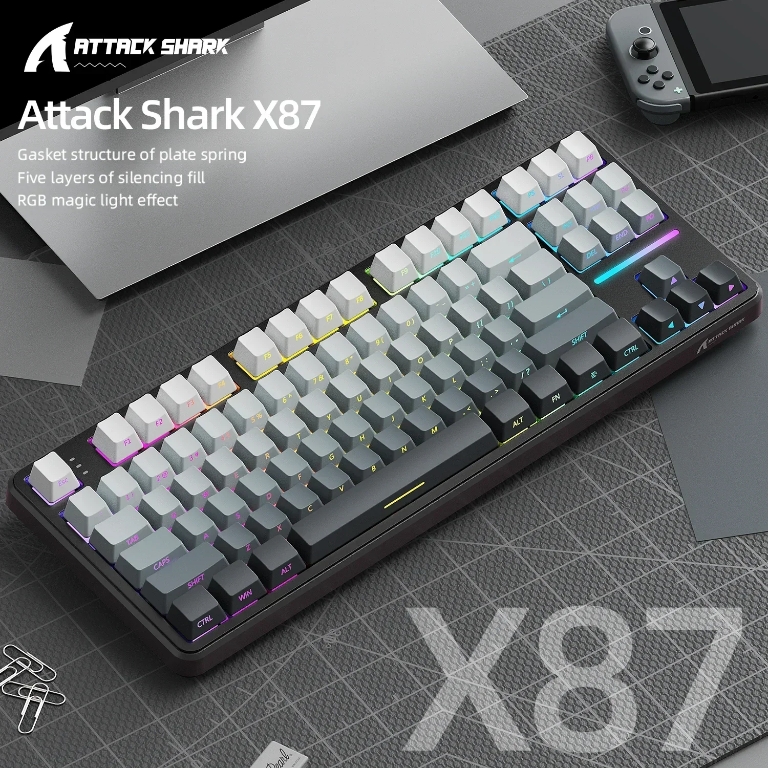 Attack Shark X87 Gaming Keyboard Side Engraved Translucent Character Wireless Mechanical Keyboard,RGB,Hot-Swap,Bluetooth Tri-mod