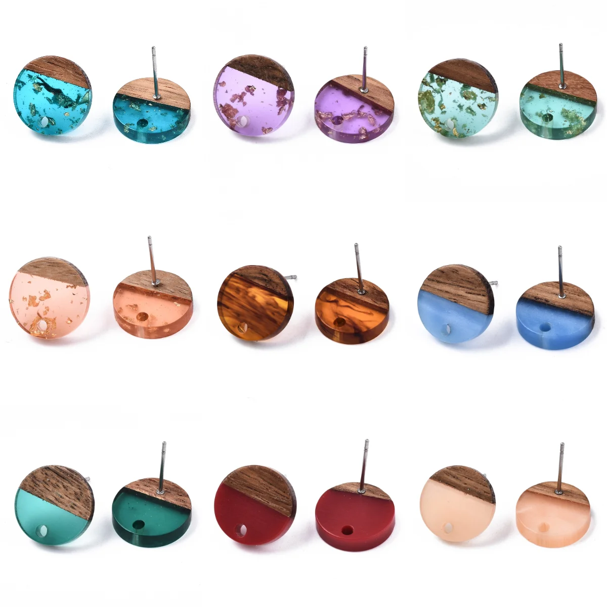 20Pairs Walnut Wood Resin Stud Earring Base Accessories with Pins Round for DIY Women Wooden Earrings Connectors Jewelry Making