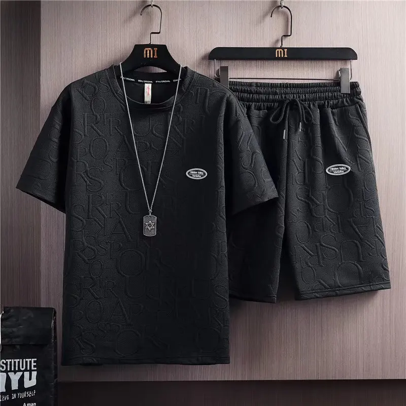 Ensemble de survêtement 2 pièces pour hommes, t-shirt et short, lettres 3D, streetwear vintage, motif créatif, tenues courtes, blanc, été