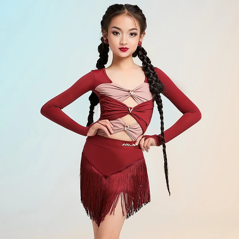 Kids Latin Outfit Meisjes Prestaties Kleding Rumba Samba Salsa Jurk Uitgesneden Rode Dans Turnpakje Fringe Lijn Dans Rok AMY2480