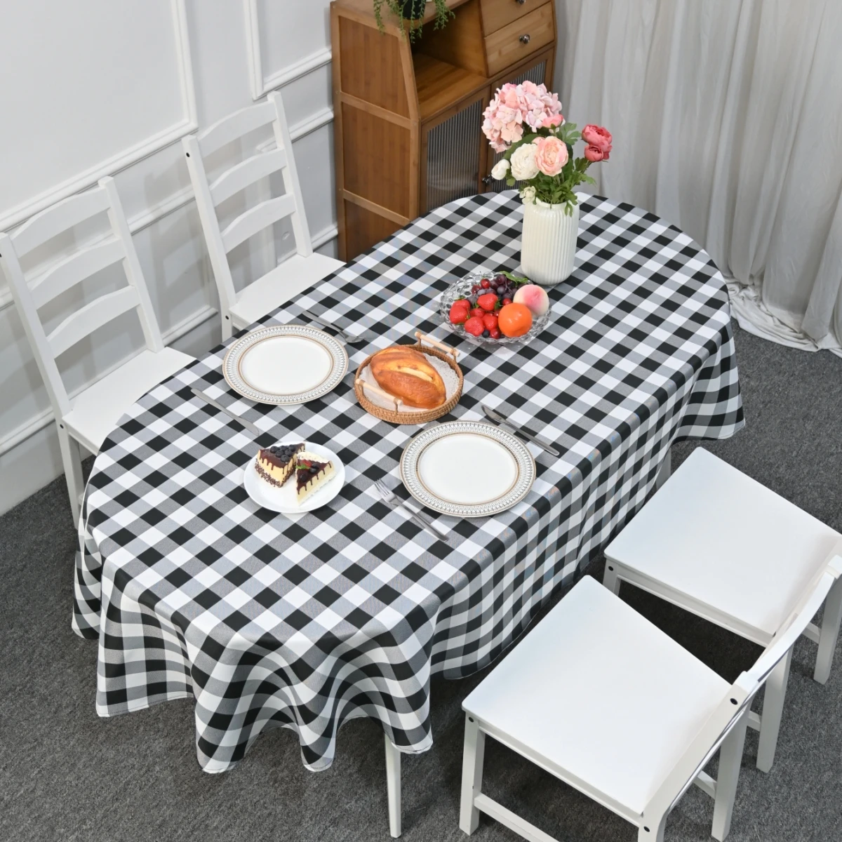 1pc Waterproof Black and White Plaid Tablecloth