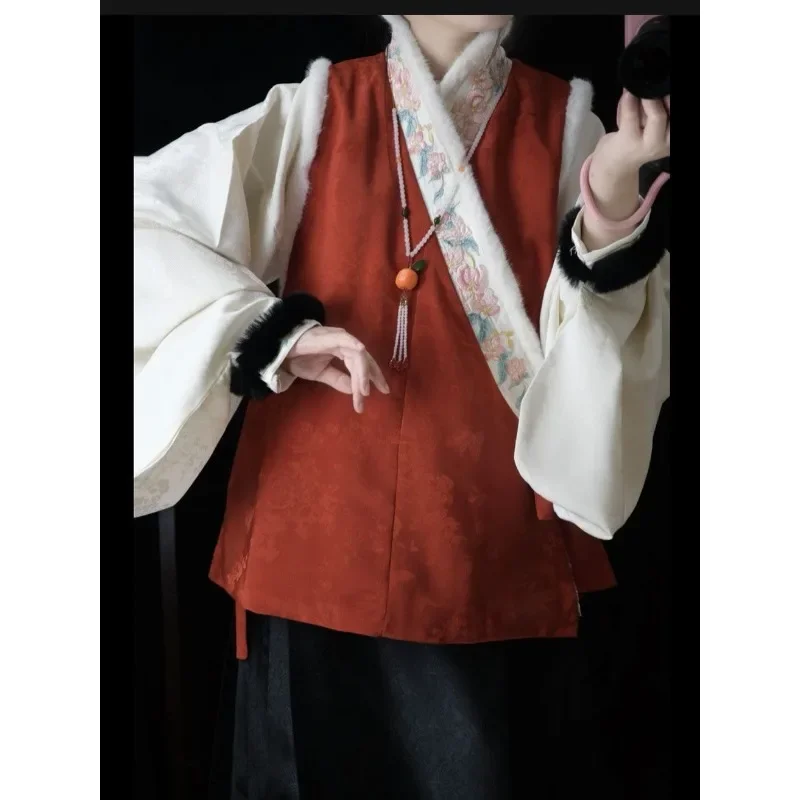 6 Color Original Chinese Cross Collar Thickened Velvet Tang Suit Hanfu Vest for Women High Quality Jacquard Embroidered Vest