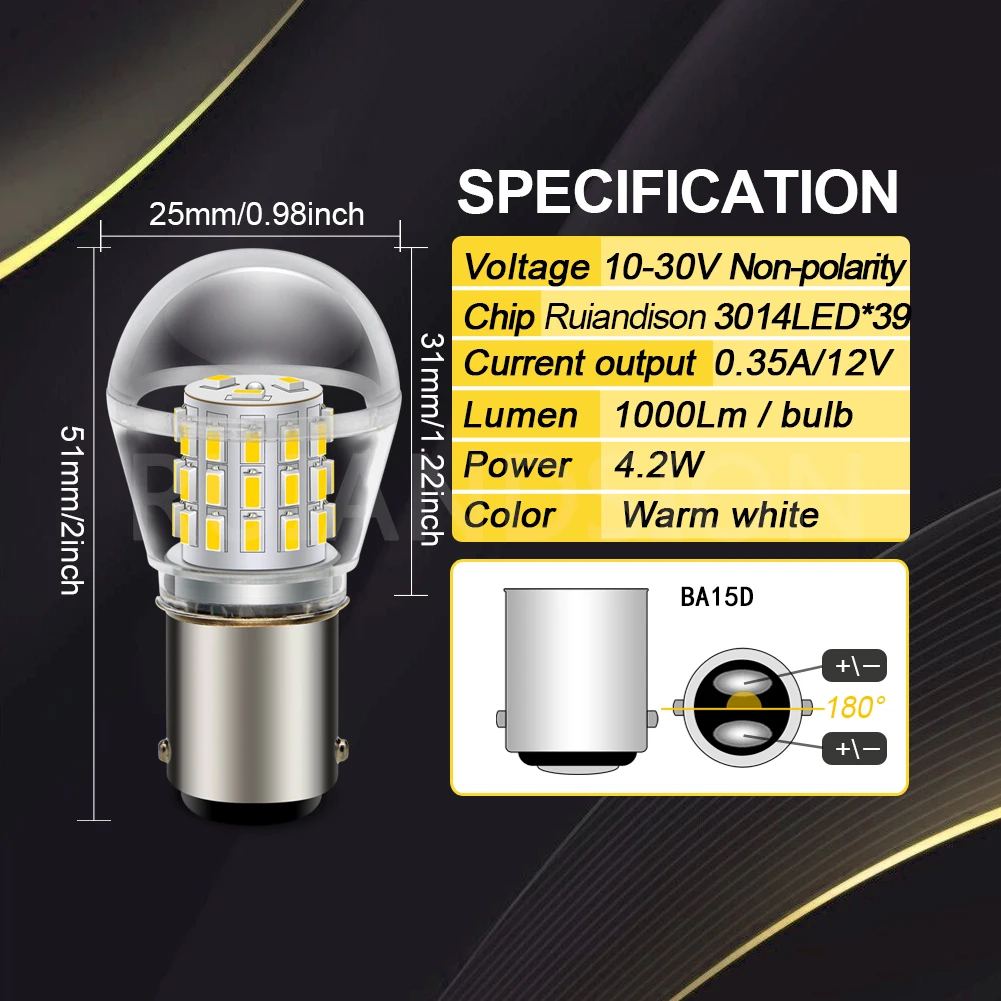 Ruiandsion 2Pcs Car Accessories 1157 BAY15D BAZ15D P21/4W BA15D LED 3014Chip 39SMD 12V-24V Car Brake Stop Turn Tail Signal Lamp