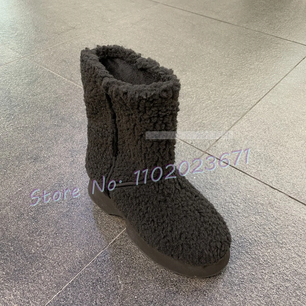 Beige Platform Wool Ankle Boots Women Trends Outfit Winter Warm Slouch Snow Shoes Female Haute Round Tip Luxury Pull On Boots