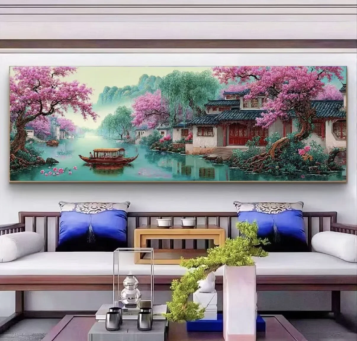 Jiangnan Natural Landscape DIY Diamond Painting Large Size Full Round Square Pillow Tree Water Town Diamond Moasic Embroidery view 3