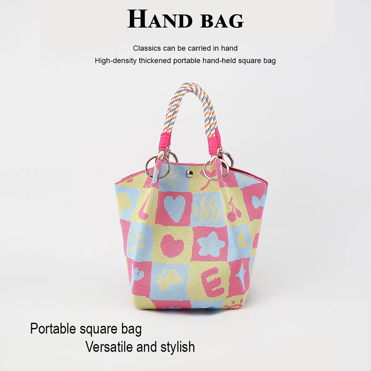 Women's handbag with detachable circular buckle handle, mixed-color rope handle, easy and quick to close, suitable for commuting, shopping, traveling, and outings, can hold a cell phone, water bottle, cosmetics, etc.,