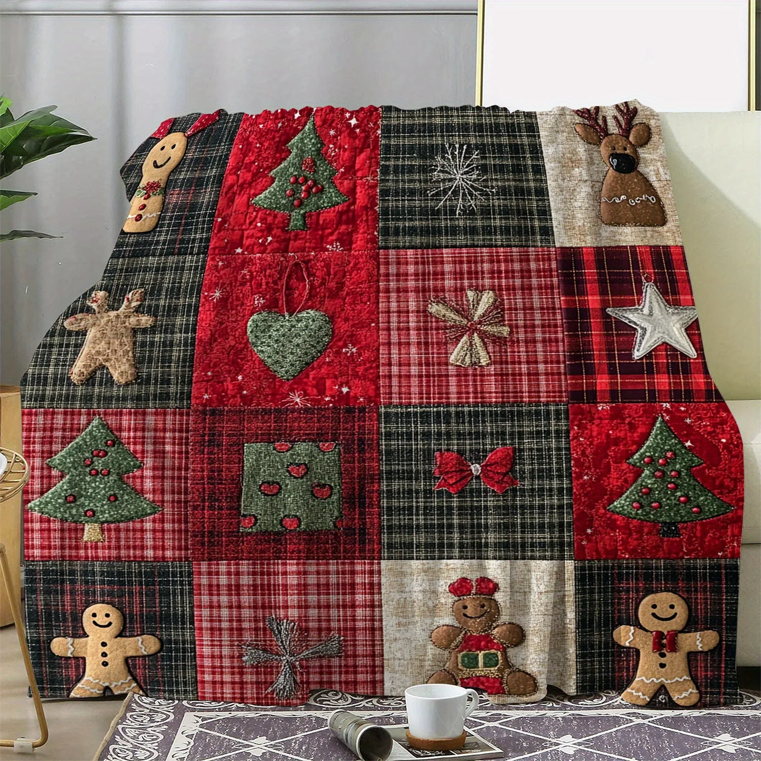 Vintage Plaid Christmas Star Gingerbread for Man Bowknot Tree Flower Printed Blanket Soft and Warm for Sofa Bed Car Office
