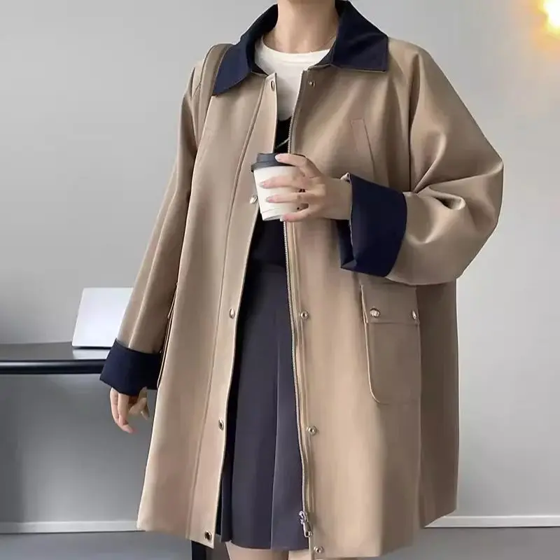 Mid Length Trench Coat for Women's 2024 Spring Autumn New Contrasting Color Patchwork Trendy Coat British Style High-end Feeling