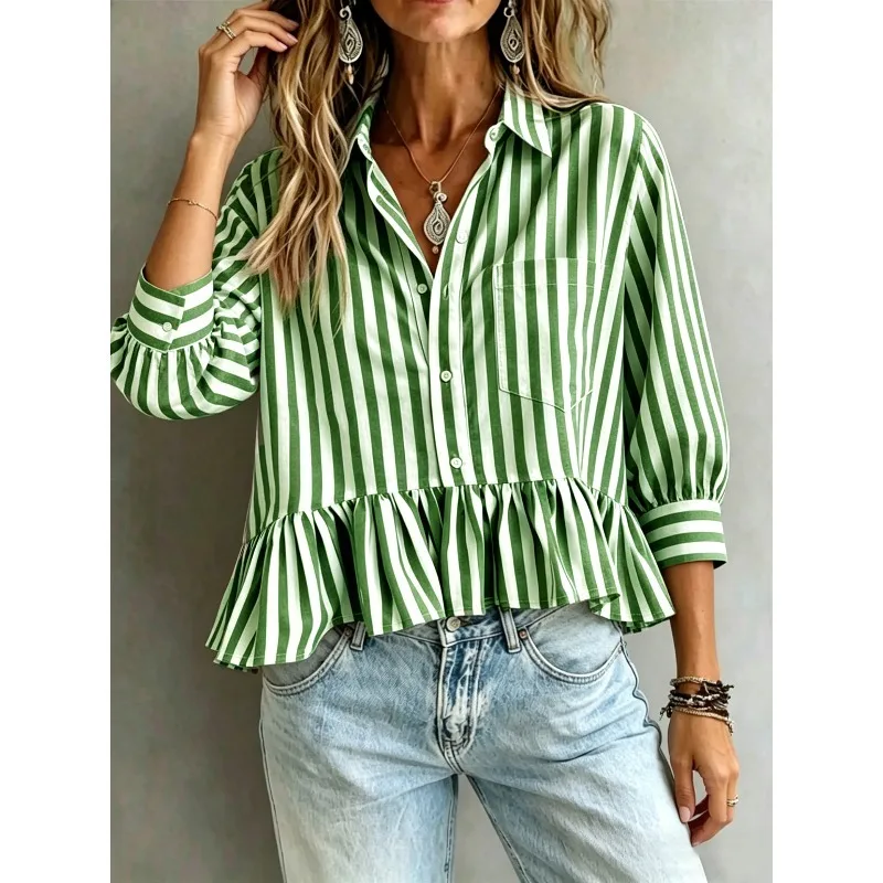 

Elegant Women Fashion Striped Button Down Shirt 3/4 Puff Sleeve Lapel Ruffle Hem Blouse Summer Casual Loose Pocket Top Spring