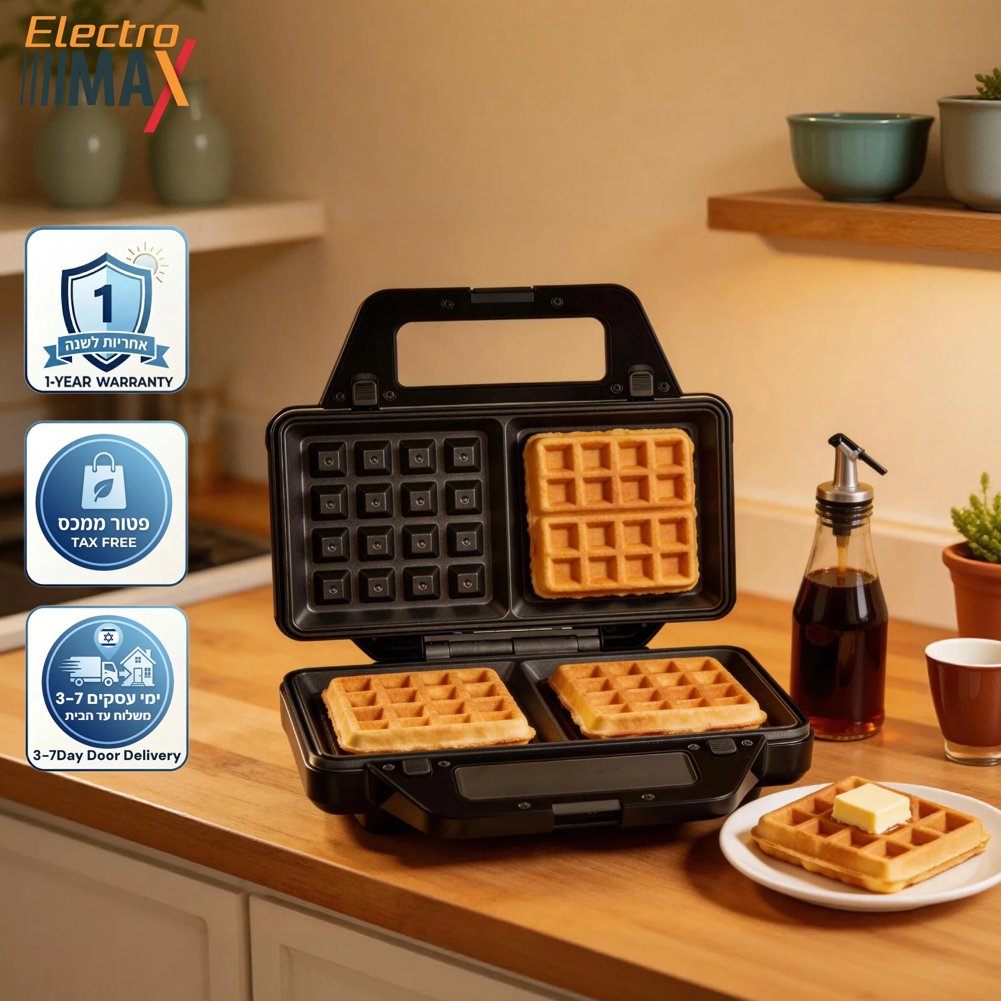 Electro Max 1000W 3-in-1 Sandwich Maker Detachable Non-Stick Plates Waffle Machine Panini Press Contact Grill Breakfast Baker