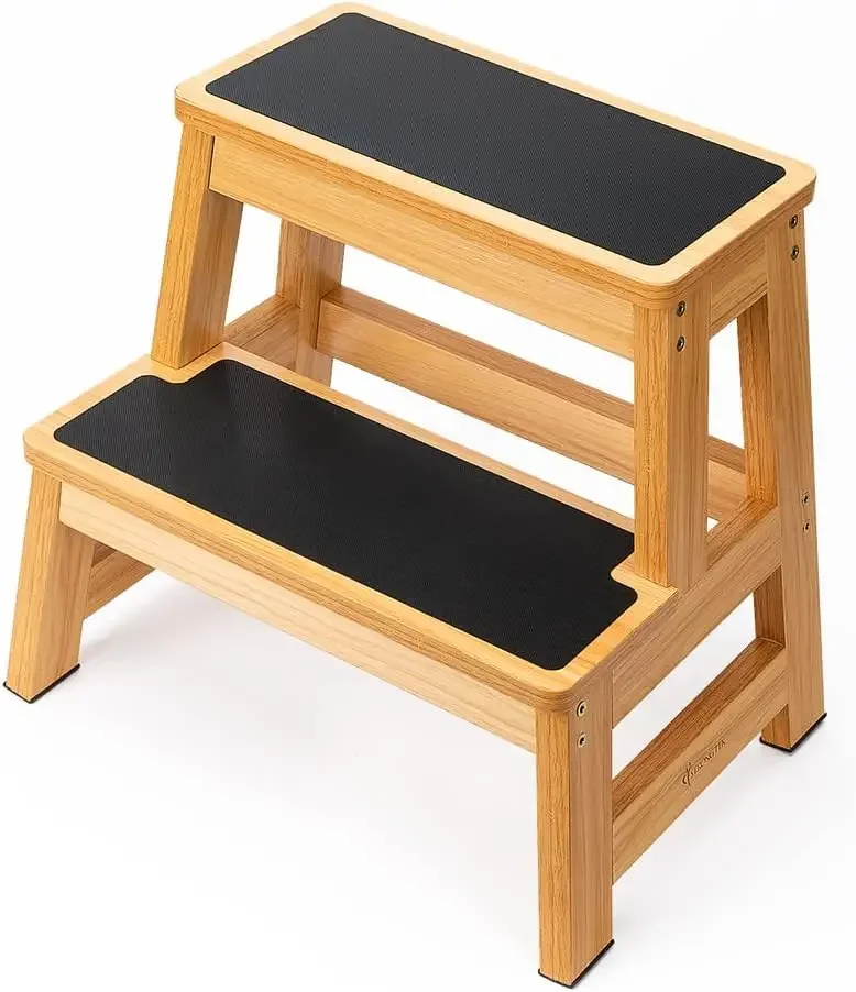Wood Step Stool for Adults and Kids, 17 Inch Tall, Non-Slip Step Surface, Heavy Duty, Two Step for Kitchen, Bed, Bathroom