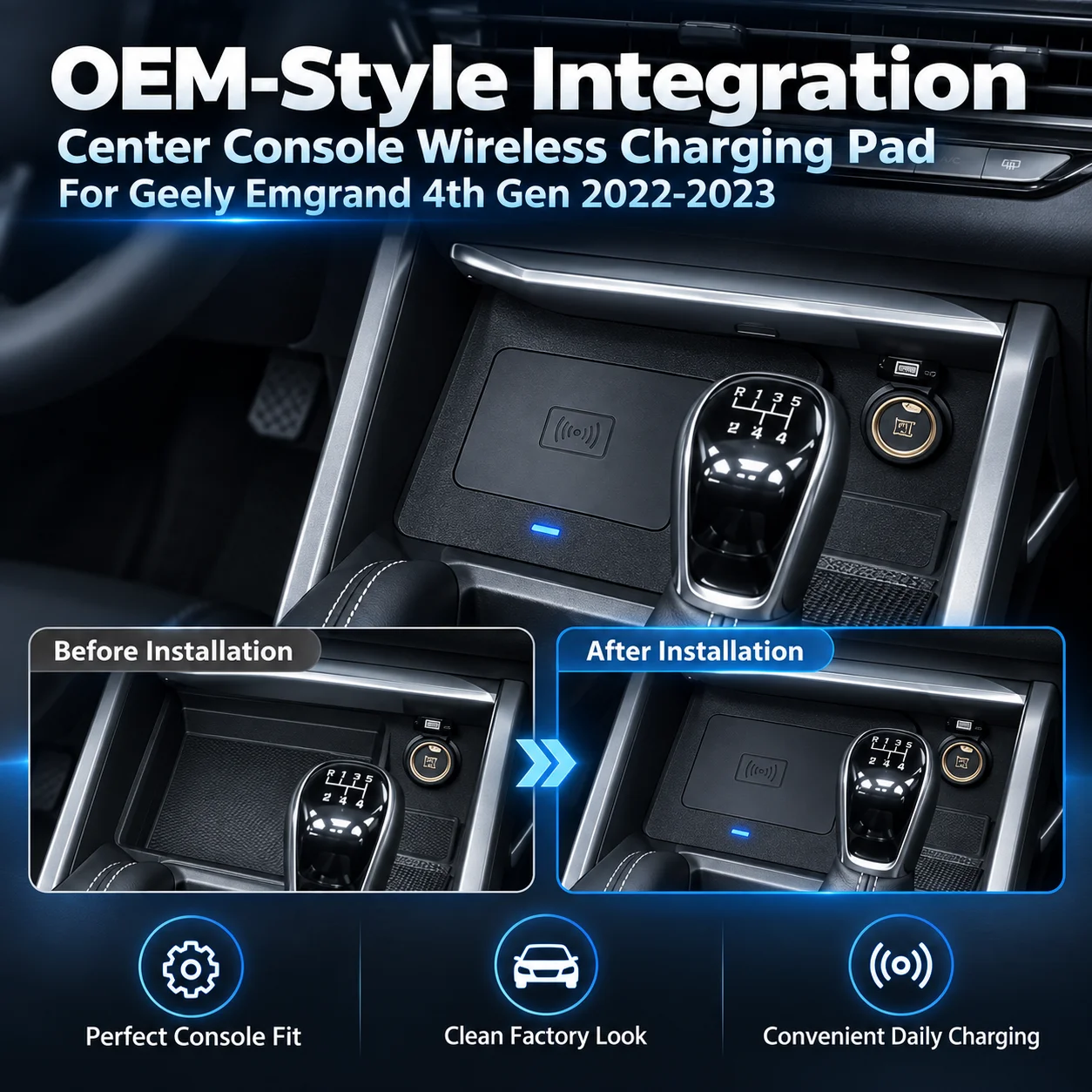 Wireless Charging Pad For Geely Emgrand 4th Gen 2022-2023 Center Console OEM Style Car Charger Plug & Play Accessory