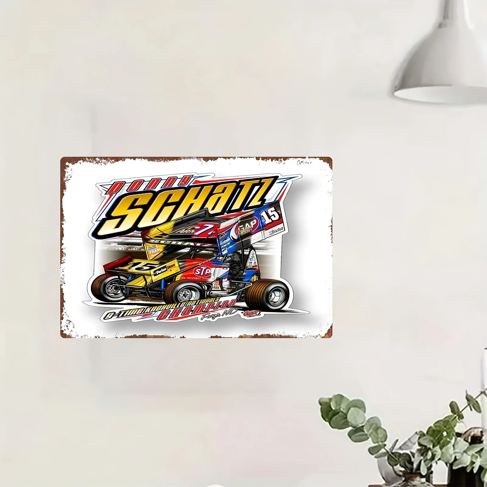 Vintage Racing Art Tin Sign - Donny Schatz Car Design, es, Dynamic Scene with Bold Colors and Detailed Graphics Dur