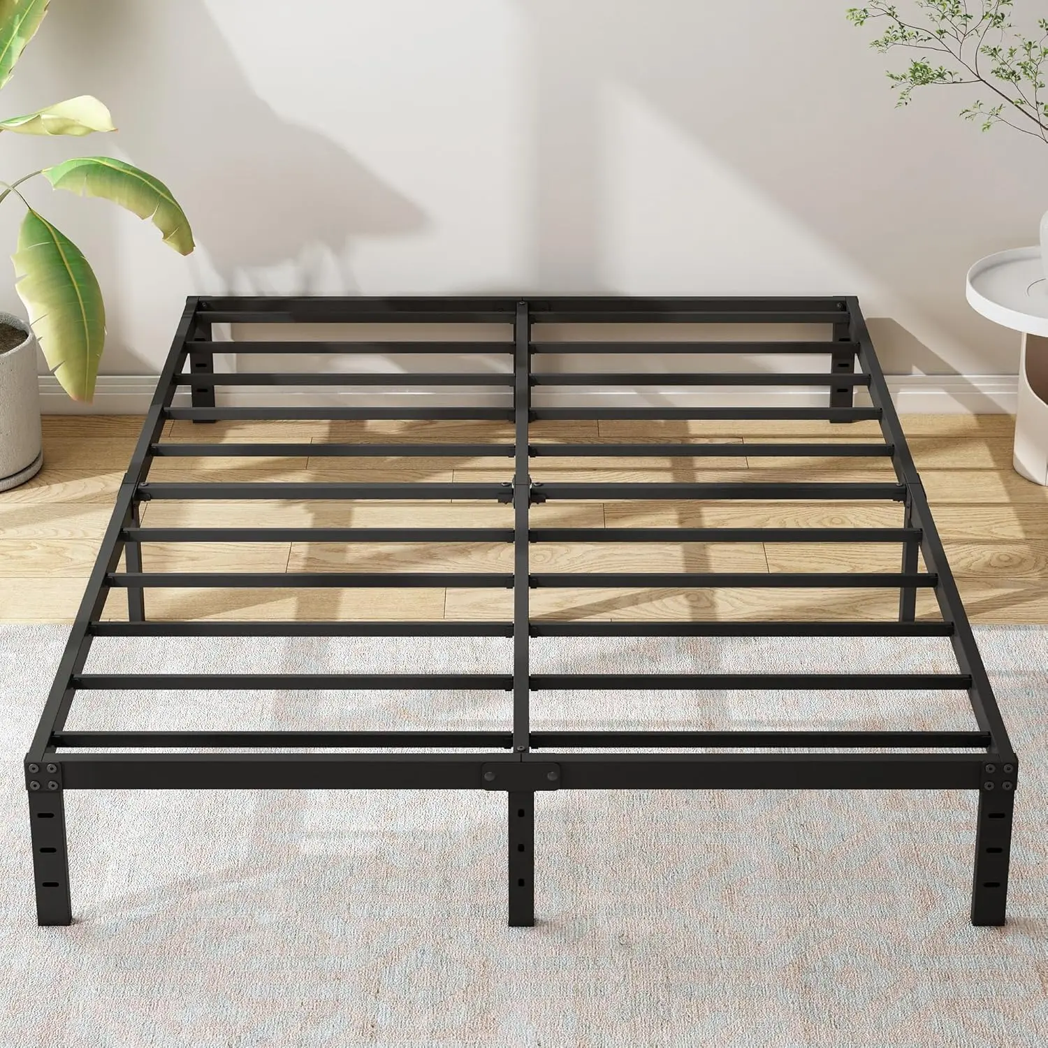 Queen Size Metal Bed Frame, Heavy Duty Steel Slat Mattress Foundation,No Box Spring Needed, Easy Assembly, Noise-Free,Bl