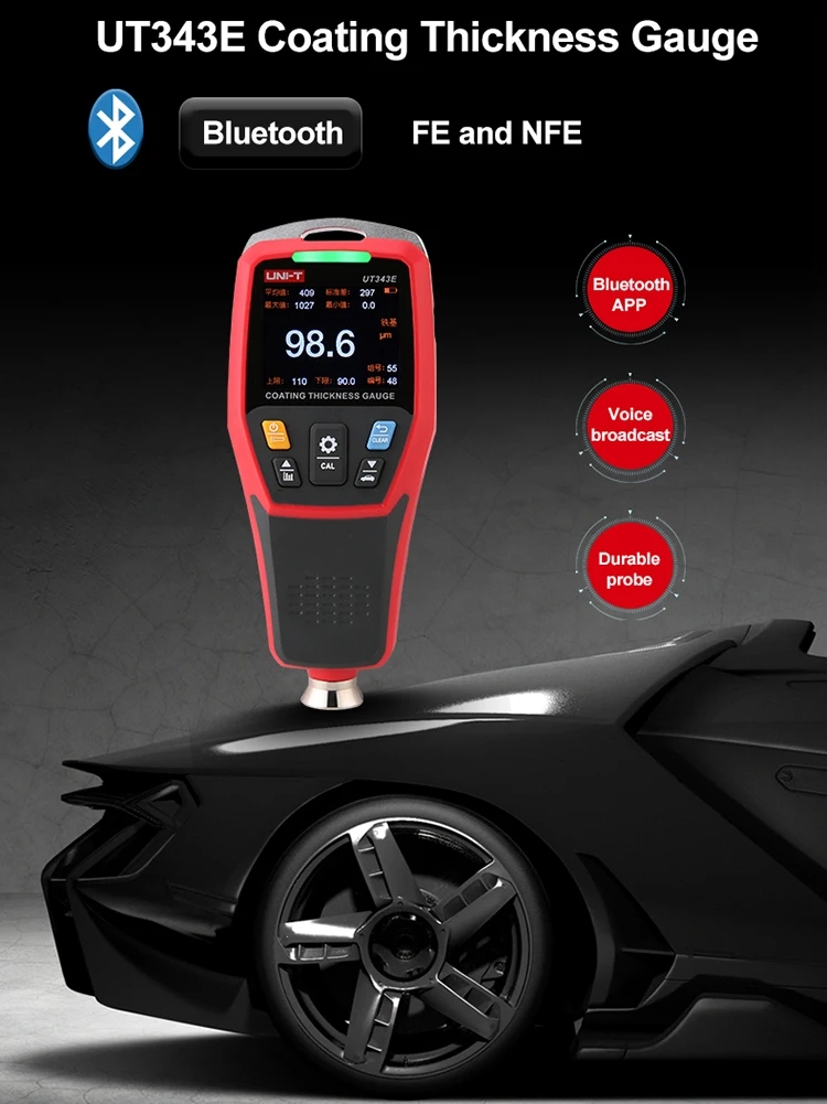 UNI-T Coating Thickness Gauge UT343E 0-2000µm Car Film Paint Thickness Tester TFT Screen Display With Bluetooth