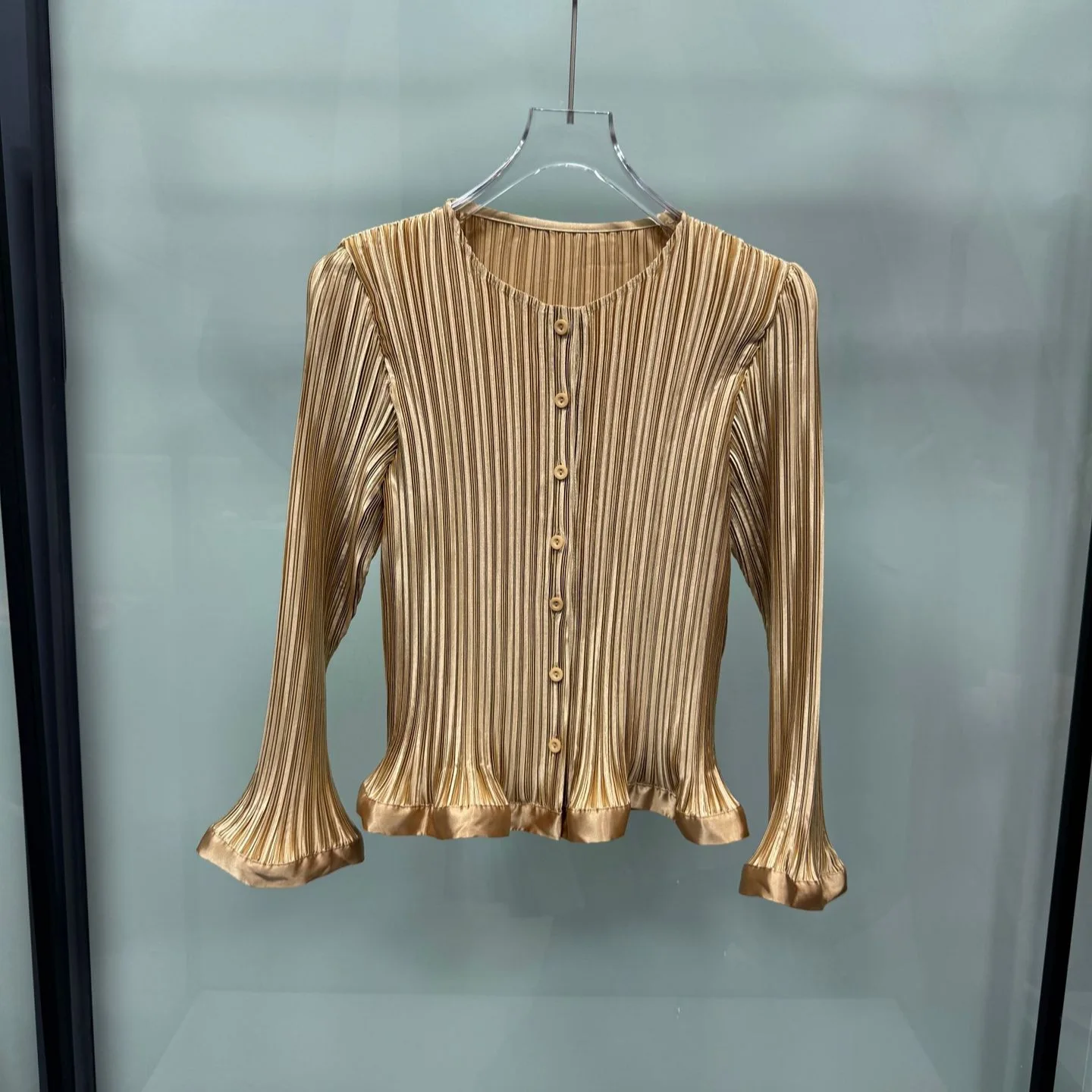 Miyake Women Vertical Striped Pleated Blouse Round Neck Single Breasted Long Sleeve Elegant Slim Fit Casual Shirt