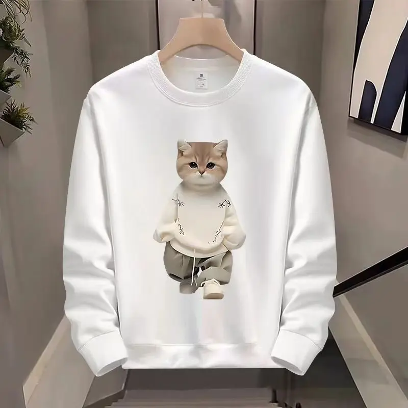 

2025 New Autumn and Winter Solid Color Cat Print Loose Cotton Crew Neck Sweater Men's Casual Street Sports Top Jumper Large Size