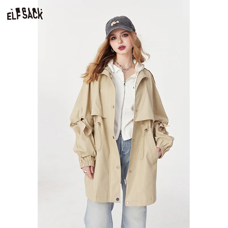 ELFSACK OL style office solid color lapel drawstring windbreak coat for women 2024 spring new casual simple style button mid lon