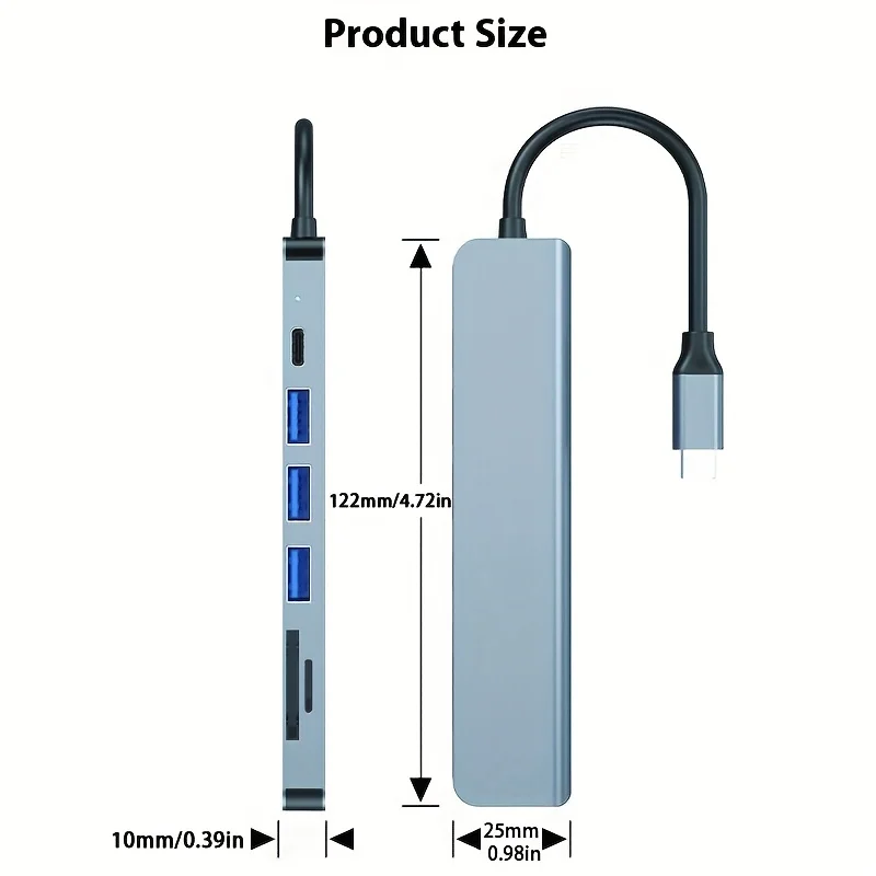 7-in-1 USB-C Hub HD TV 4K30Hz USB3.0*3 Adapter PD100W Charge For Laptop Home Office