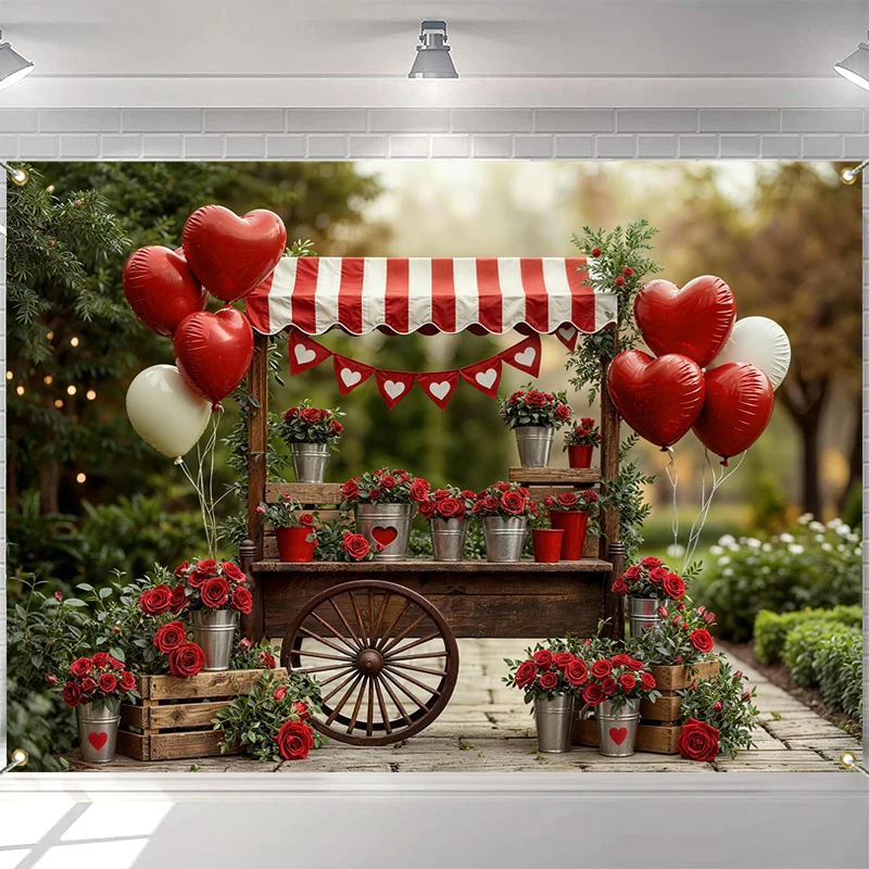 

LS Valentines Day Flower Backdrop Photography Red Heart Balloon Floral Cart Background Adult Baby Shower Photo Studio