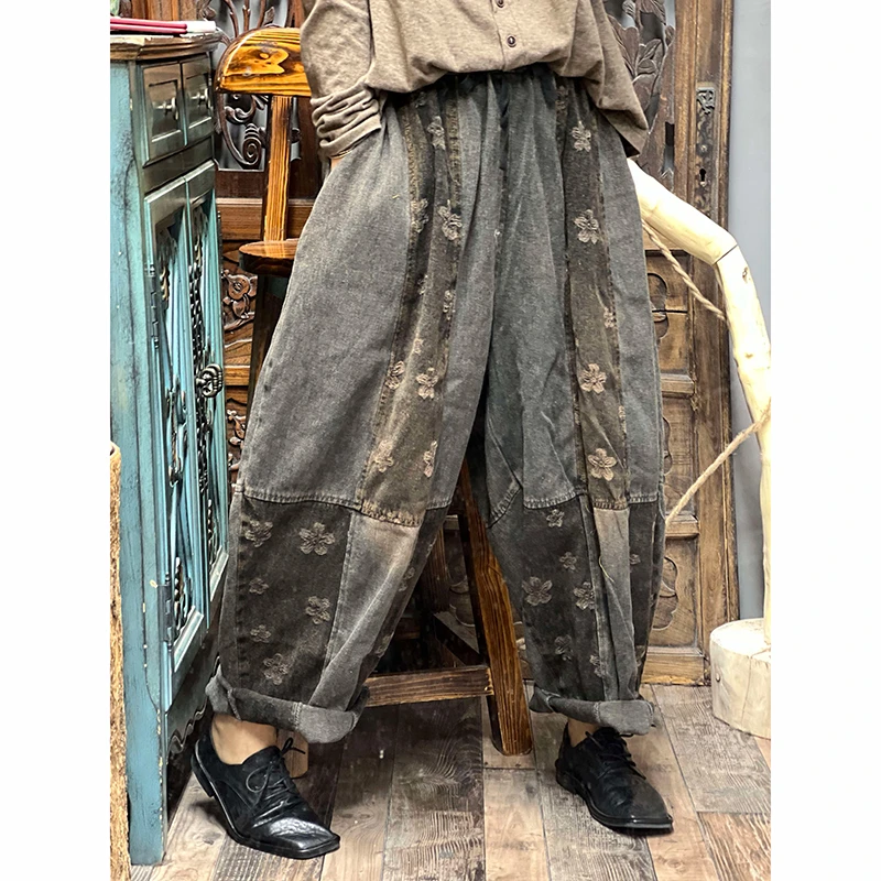 2026 Spring Autumn Arts Style Women Elastic Waist Loose Casual Jeans Vintage Patchwork Cotton Denim Harem Pants High Quality