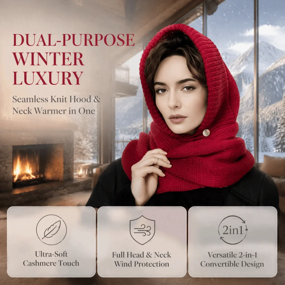 Fashion Wool Blend Knitted Balaclava Hat Beanie Warm Knitted Hooded Scarf Solid Color Thickened Earflap Hat Female/Girls
