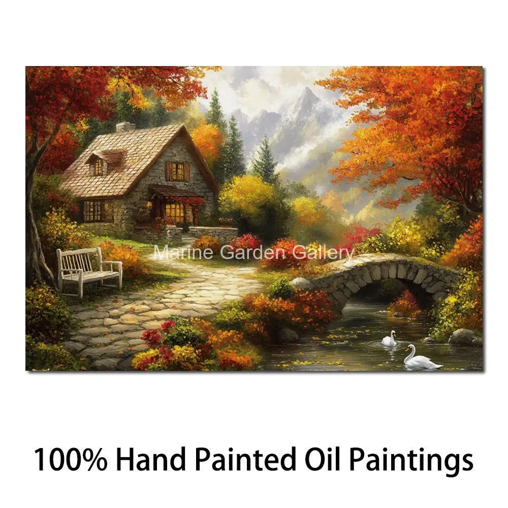 

Beautiful Nature Landscape Oil Painting Handmade Canvas Art Village Cabin Colorful Artwork Modern Bedroom Home Decor Large