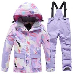 Veste de snowboard et pantalon à bretelles pour enfants, vêtements de plein air imperméables, costume de ski chaud, couleurs trempées de neige, garçons et filles, hiver