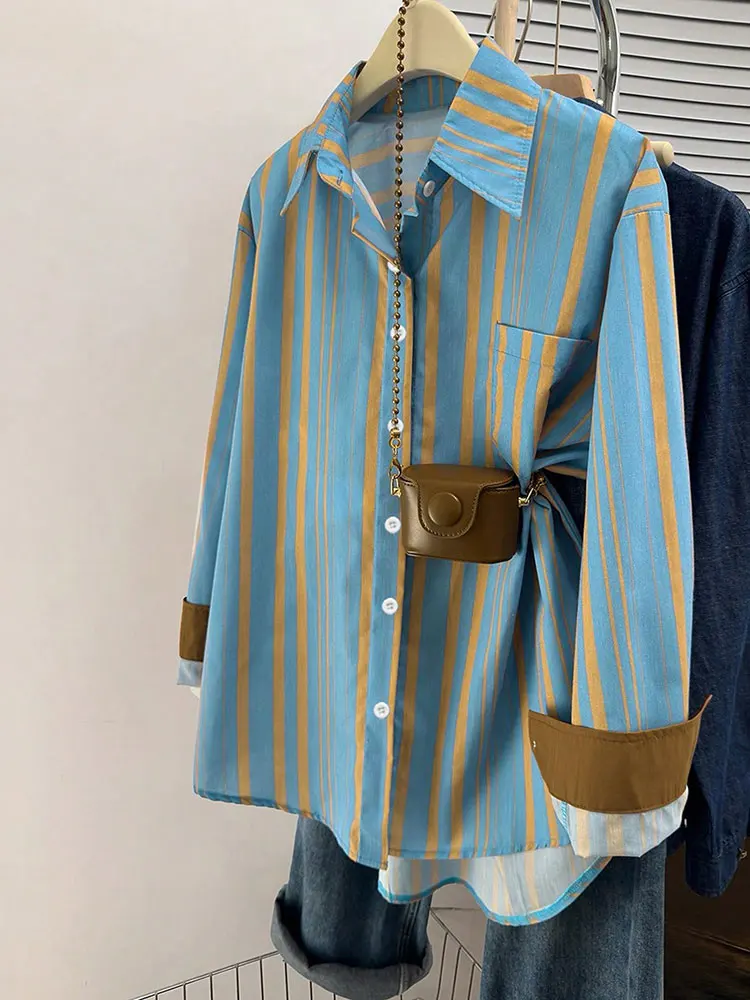 

New Retro Contrast Stripe Pocket Casual LongSleeve Shirt Short Front Long Back Spring Autumn Elegant Feminine Clothes Top Blouse