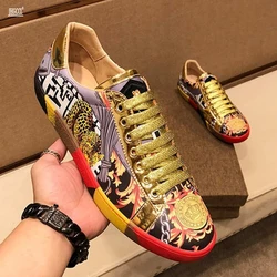 New gold high-end printed men's shoes leather breathable men's board shoes fashion casual shoes A3