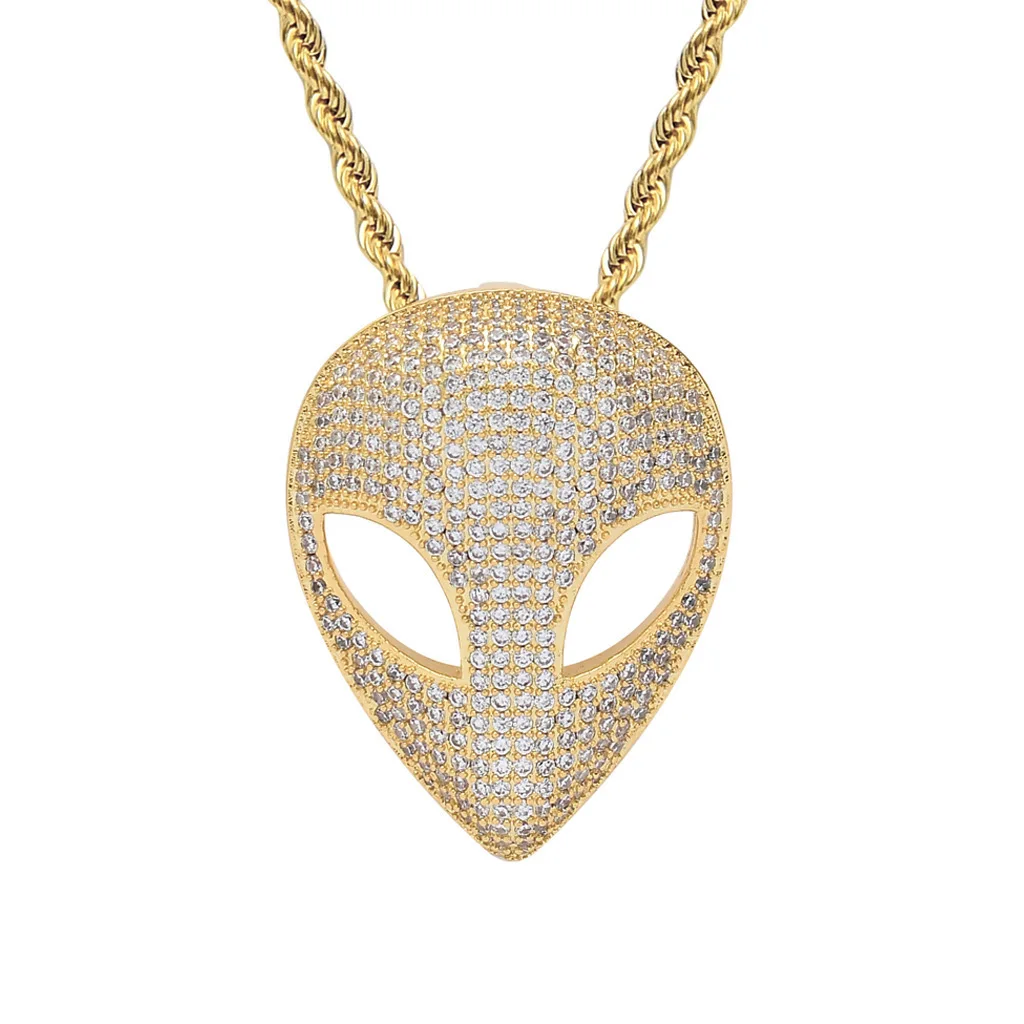 Iced Out Alien Head Pendant Necklace Full Pave Cubic Zirconia Twist Rope Chain Hip Hop Streetwear Unisex Jewelry