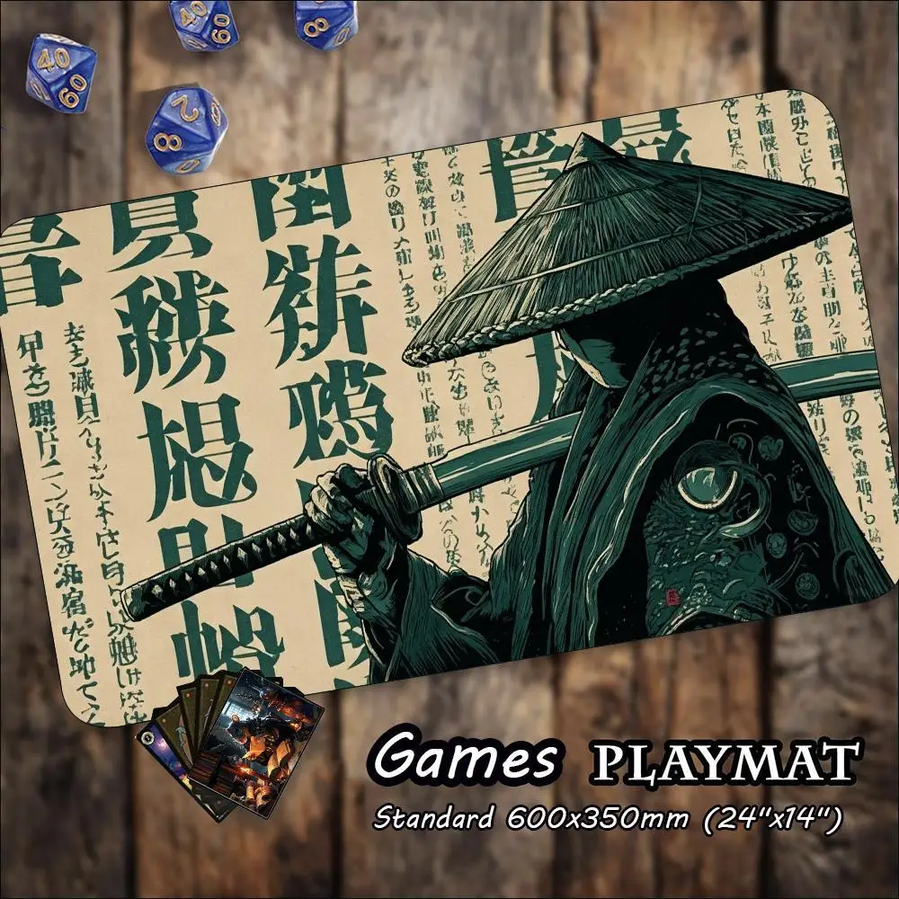 TCG Tabletop Playmat Ancient Samurai With Straw Hat Print Large Non Slip Rubber Pad Smooth Cloth For Trading Card Table Battles