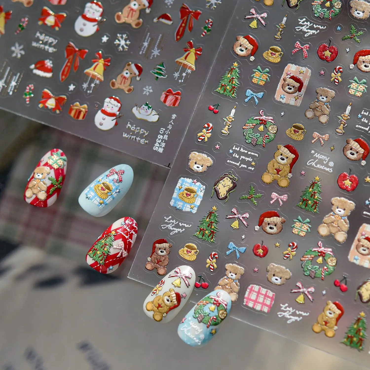 5D Embossed Nail Stickers Winter Red Christmas Bear Self Adhesive Nail Art Stickers DIY New Year Manicure 3D Decorations Decals