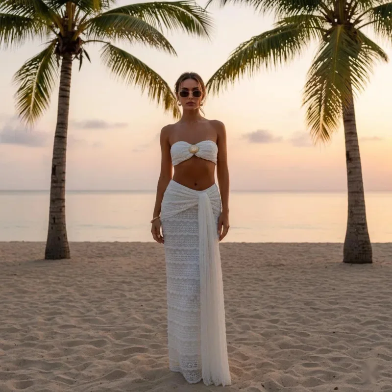 

Women Strapless Bandeau Top And Long Skirt Set Metal Contrast Trim Crop Top 2 Piece Outfit Textured Stripe Beach Holiday Style
