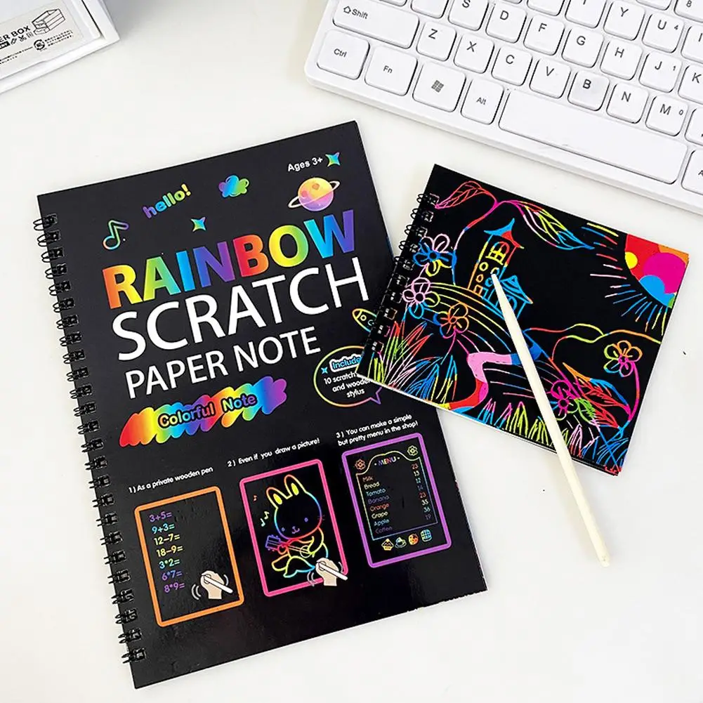 Rainbow Scratch Paper Note Children's Art Book Black DIY Rainbow Art Paper Card Neon Scratch Book Color Drawing Scratch Book