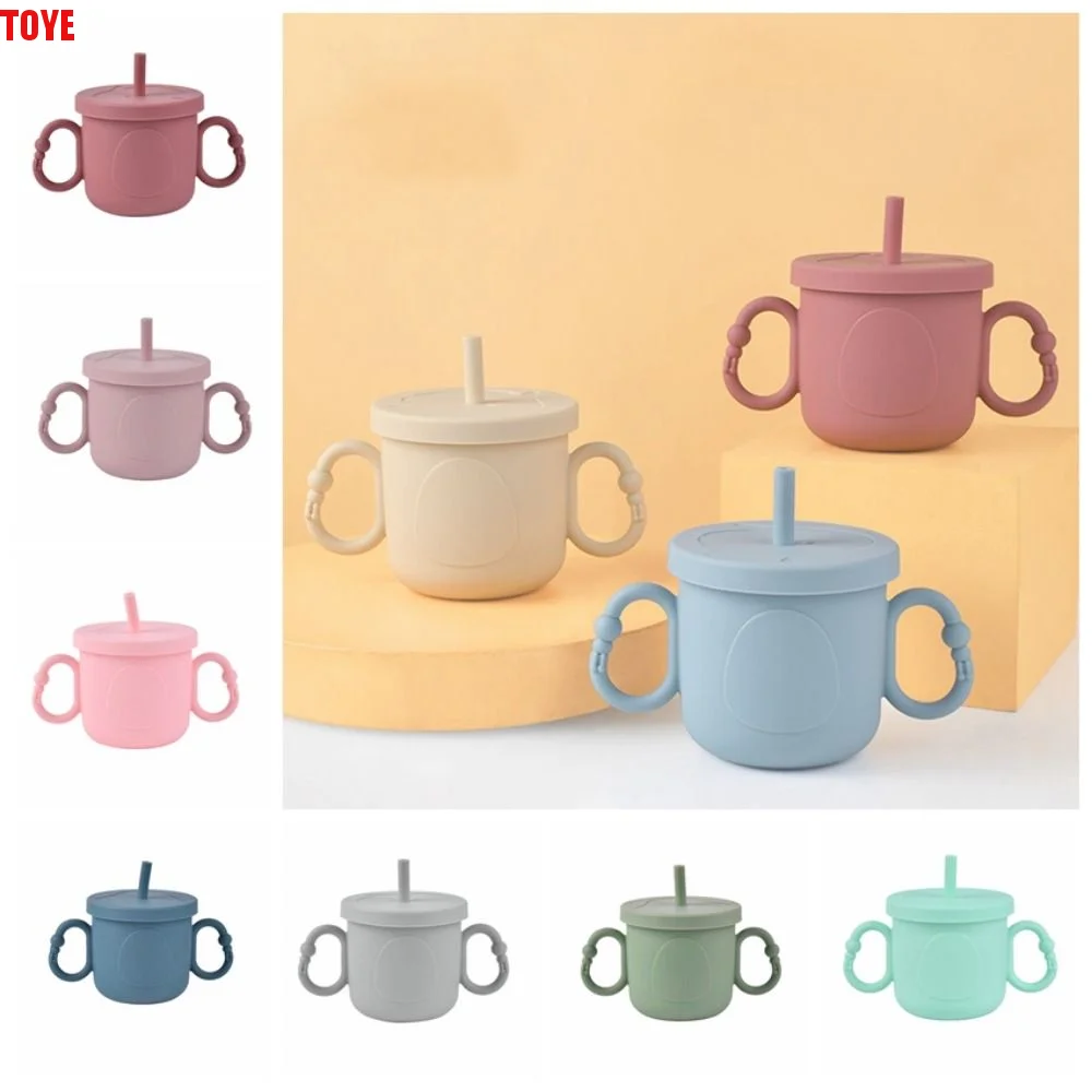 

Silicone Baby Training Cup Double Handle Portable Toddler Sippy Cups 200ml Penguin Print Toddlers Straw Water Bottle Liquid Feed