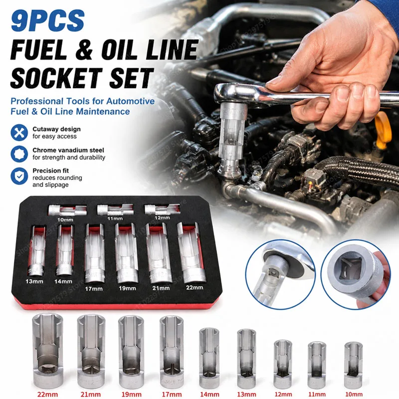 

9-Piece Open Oil Pipe Removal Kit, 10-22Mm Opening, High Hardness Anti-Slip Sleeve, Can Be Used For Car Repair/Home DIY Repair.