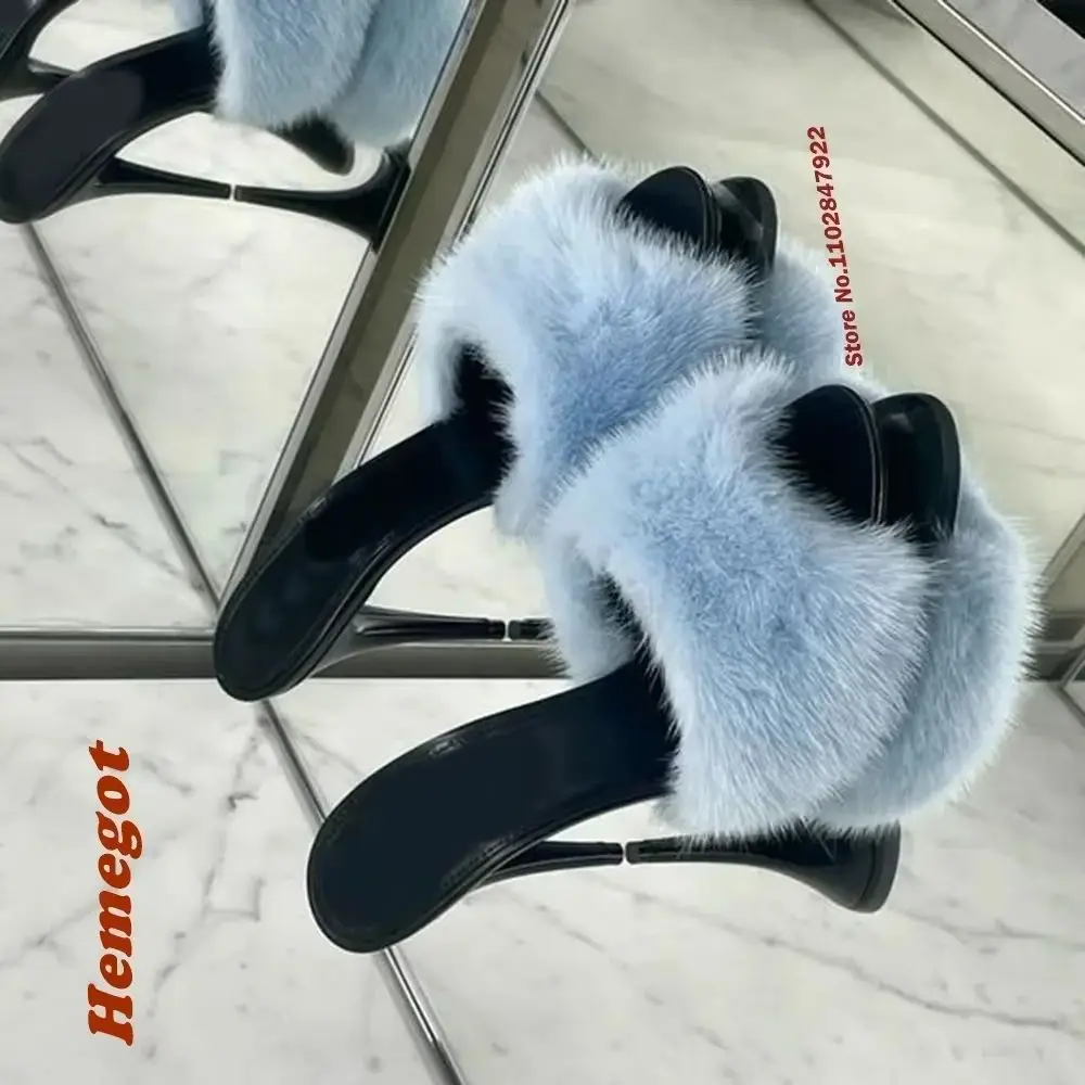Peep Toe Stiletto Thin Heels Slip On Mules Plush Worm Slippers Solid Patchwork Summer Outside 2025 New Female Shoes Elegant Sexy