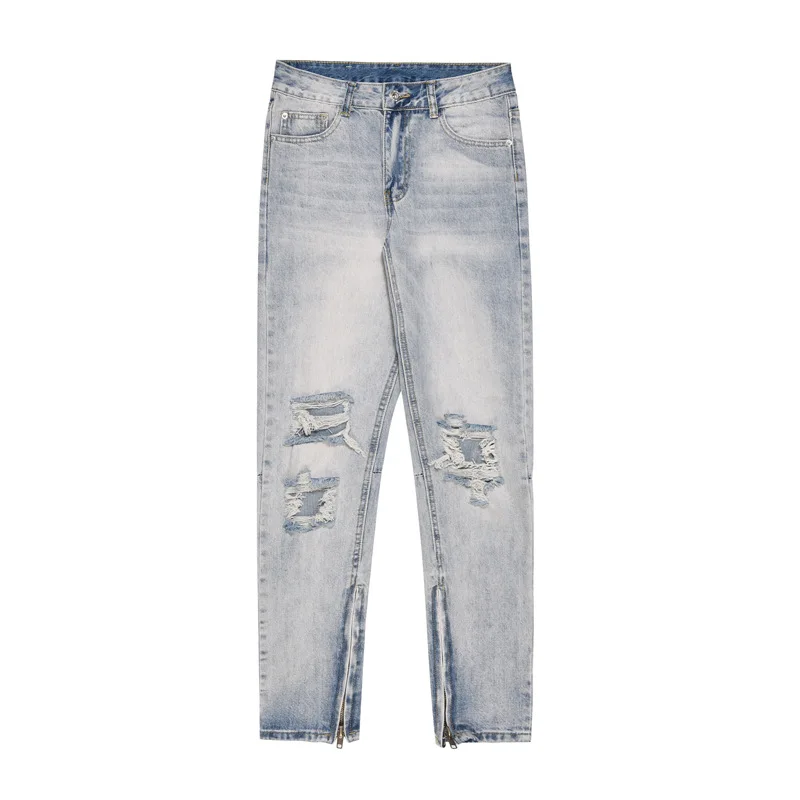 Streetwear calças de brim masculinas lavadas azul claro micro-elástico magro buracos mulheres verão fino lápis calças de comprimento total denim