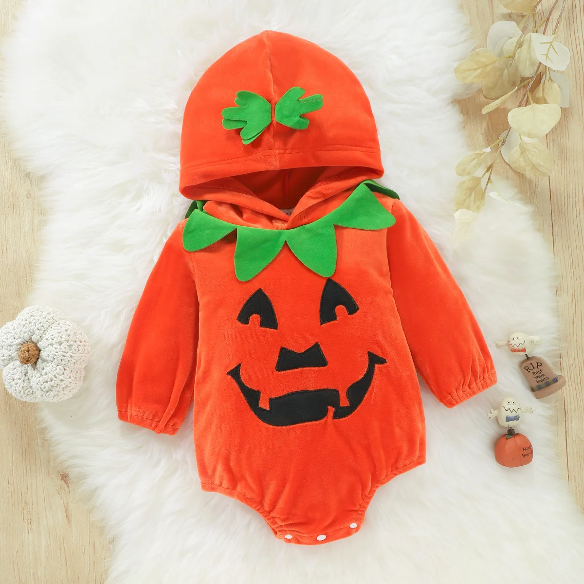 

Baby Halloween Pumpkin Romper Bodysuit for Newborns 0-18M Girl Boy Long Sleeve Hooded Jumpsuit Kids Devil Pumpkin Costume Onesie