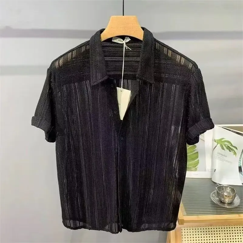 

Men's Summer Thin Hollow ort Sve irt Breathable Lightweight Luxury Hawaii Sle Loose Fit Faionable Youth irt
