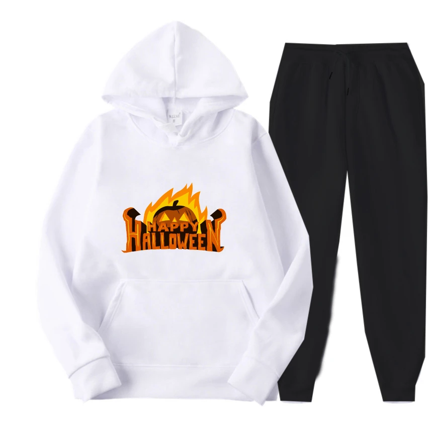 

2025 Halloween pumpkin English wall print Casual Men Graphic Hoodie Spring And Autumn Street Comfortable Pullover Sweatshirt set