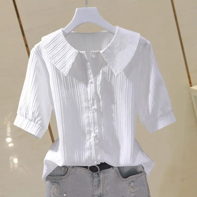 2024 New Summer Bohemian Retro Casual Loose Office Lady Women's Shirt Solid Color Chiffon V Neck Short Sleeve Button Chic Tops