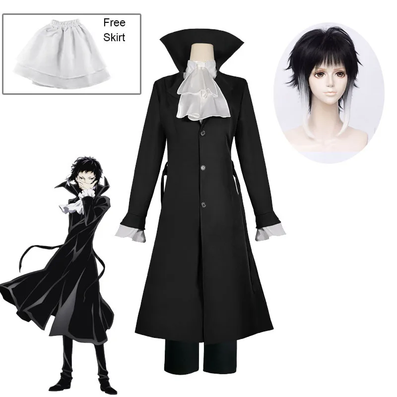 

Anime Bungo Stray Dogs Ryunosuke Akutagawa Cosplay Trench and Uniform Suits Halloween Party Costume Ryuunosuke Wig Headwear