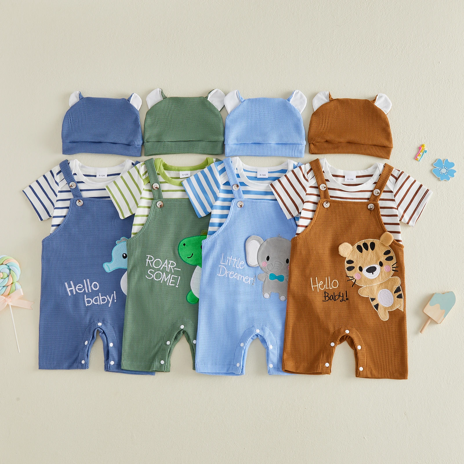 

Милый летний комплект одежды для малышей: комбинезон с коротким рукавом в полоску, брюки с вышивкой животных и шапочка, 3 предмета